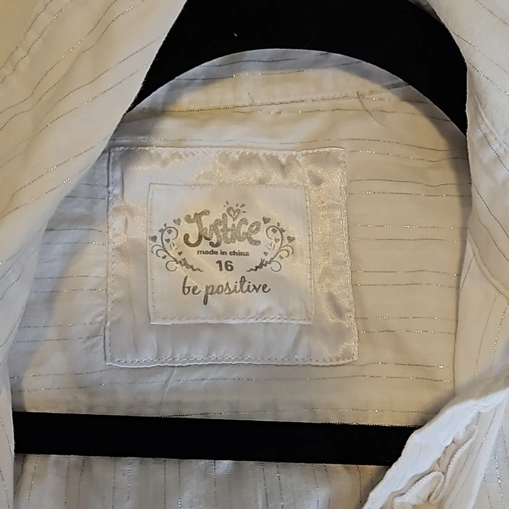 White Justice Button Down With Silver Stripes  Girls Size 16